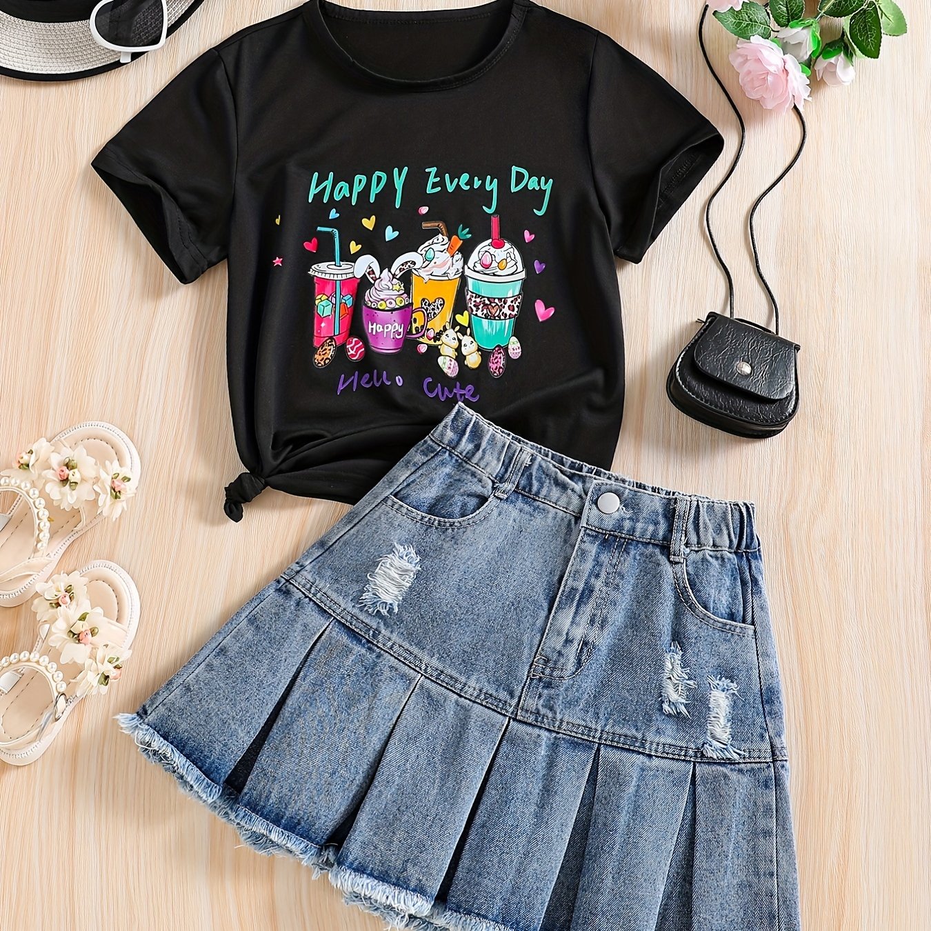 Girl's HAPPY EVERY Letter Tee Top & Denim Skirt Set