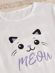 Cat Print Pajamas Set Short Sleeve Top & Shorts & Pants