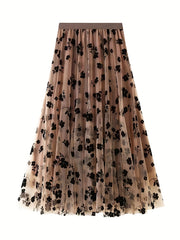 Plant Print Mesh Maxi Skirt High Waist Women's Clothing