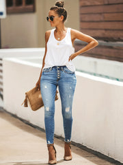 Button Fly Ripped High Stretch Denim Pants