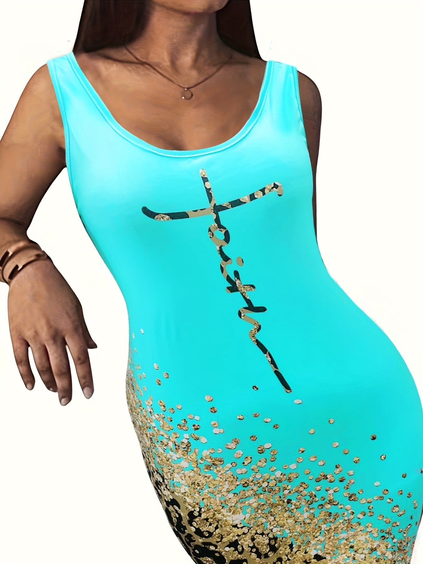 Plus Glitter Leopard & Letter Print Round Neck Slim Fit Midi Dress