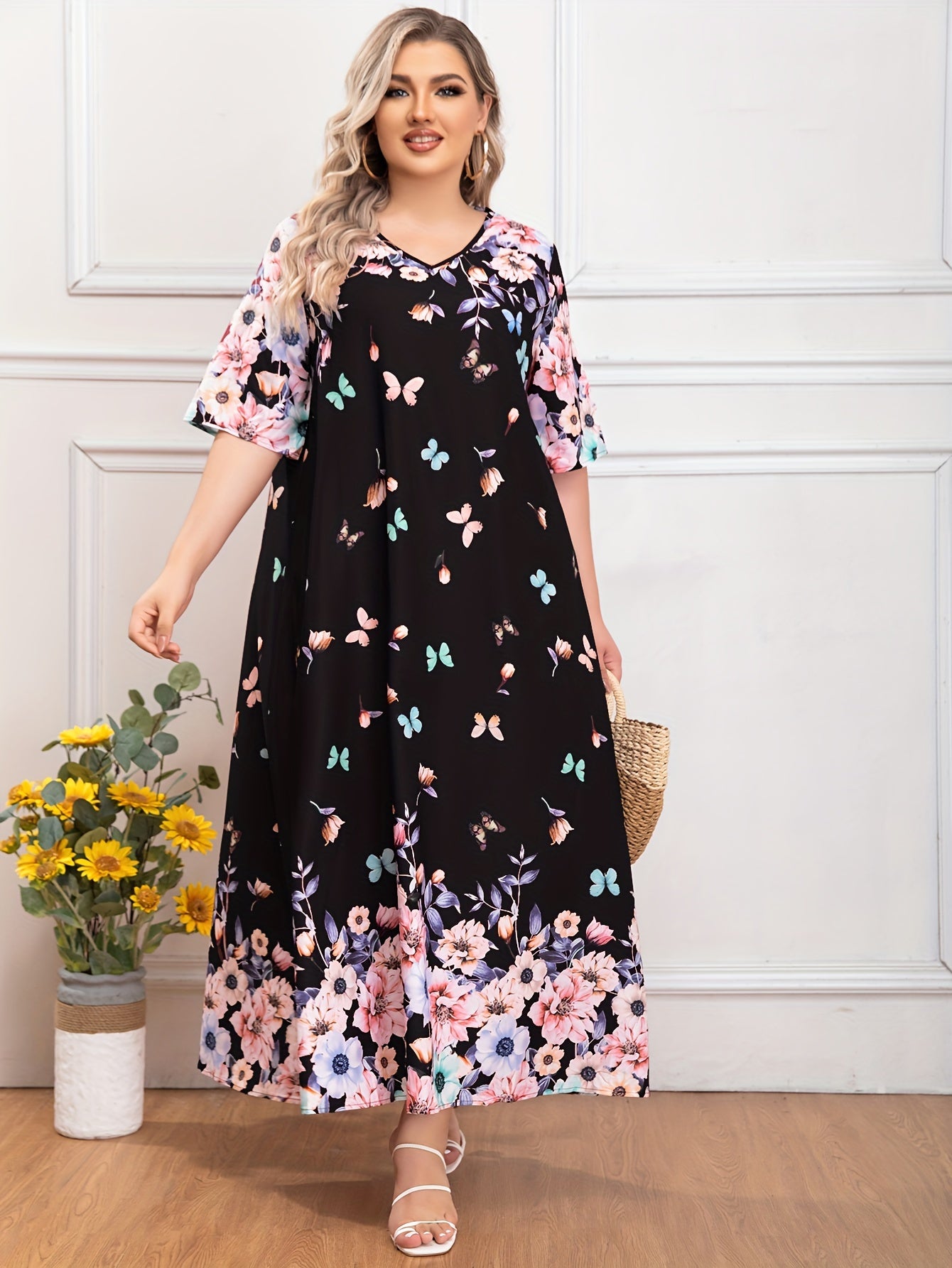 Plus Floral & Butterfly Print Half Sleeve V Neck Maxi Dress