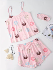 Donut Print Pajama Set Crew Neck Cami Top & Elastic Waistband Shorts