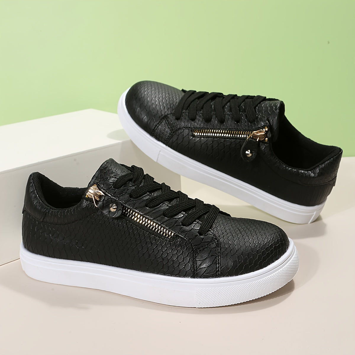 Snake Texture Faux Leather Skate Shoes Heighten Solid Non slip Low Cut Flat Snea