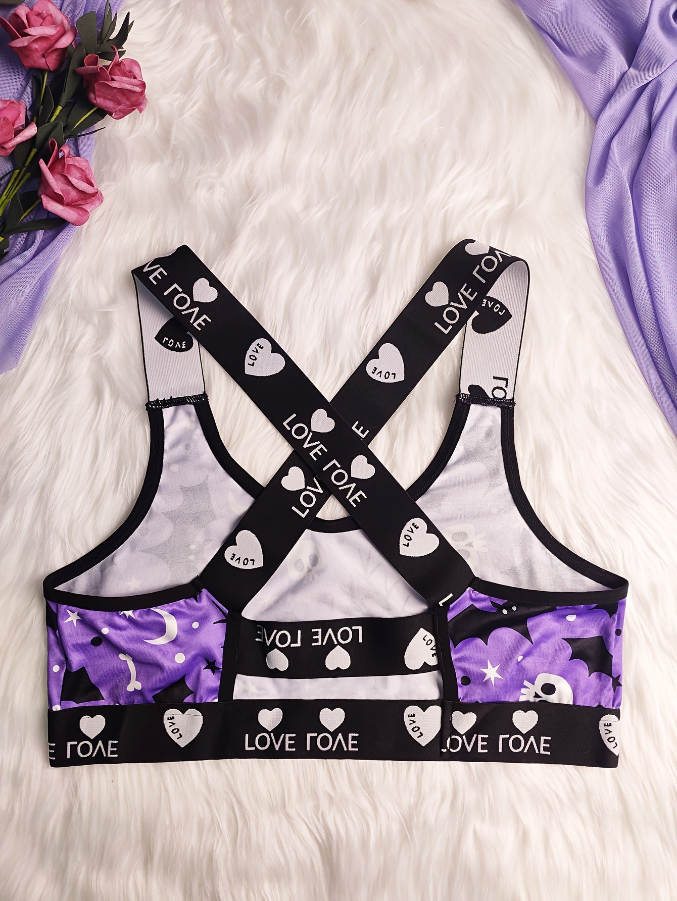 Skull & Bat Print Letter Tape Crisscross Back Bralette