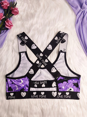 Skull & Bat Print Letter Tape Crisscross Back Bralette