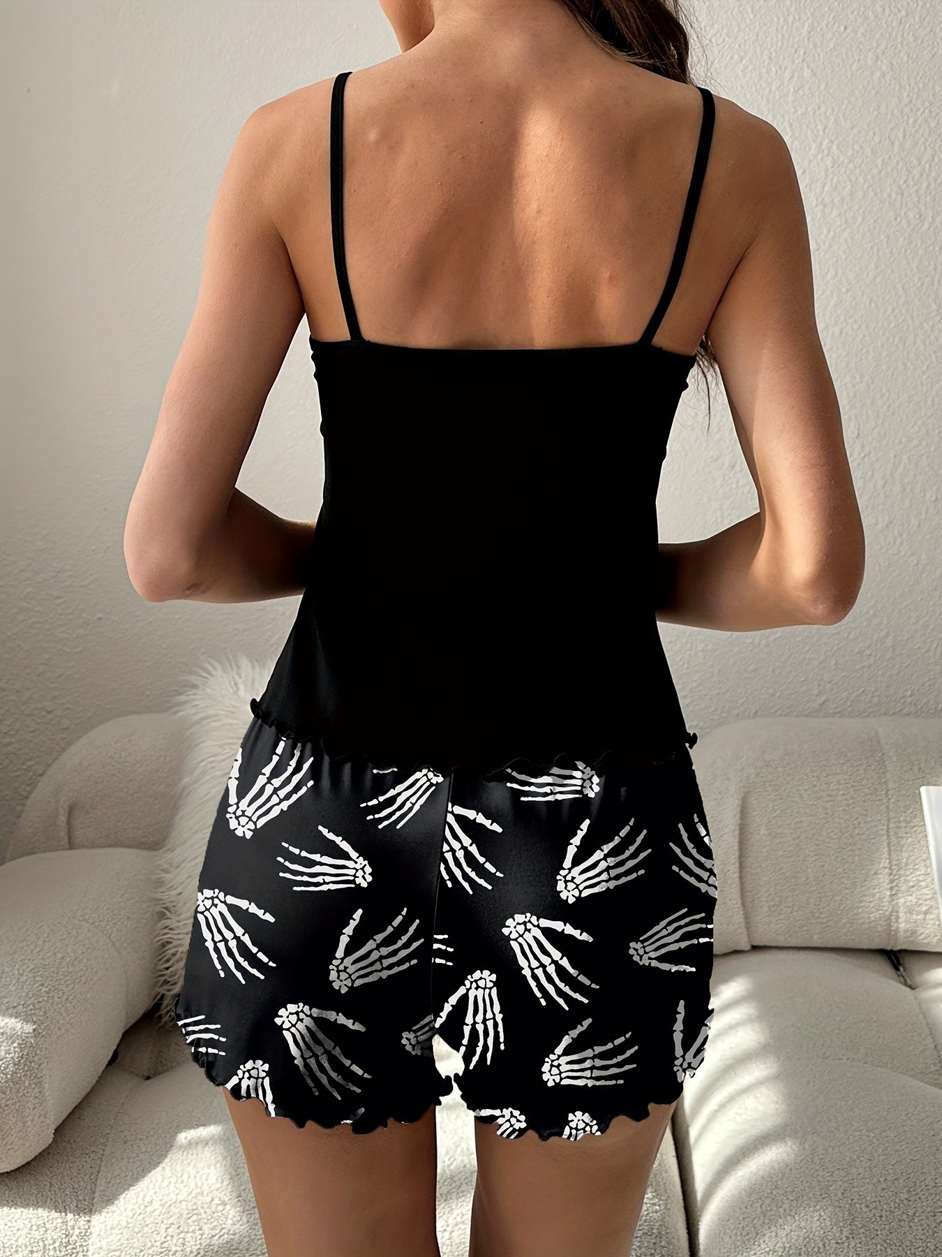 Skull Print Halloween Pajama Set Cami Top & Shorts