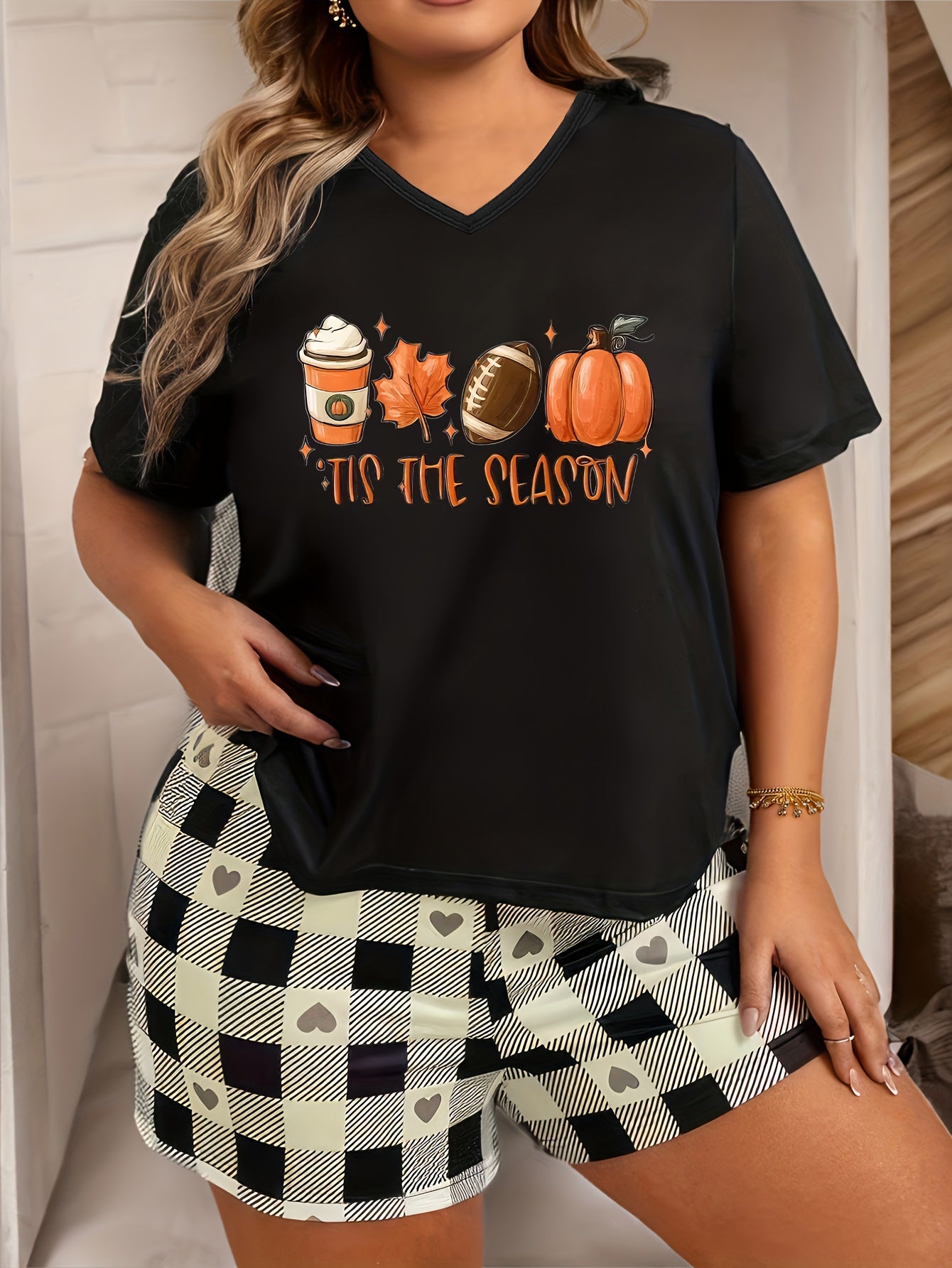 Pumpkin Slogan Print V Neck Pajama Top