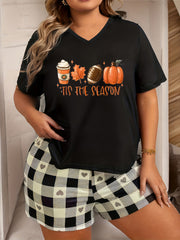 Pumpkin Slogan Print V Neck Pajama Top