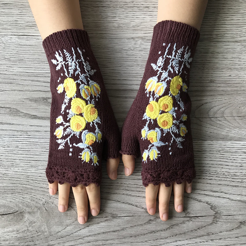 Hand Crochet Gloves Small Yellow Flower Embroidered Winter Warm Ladies Half