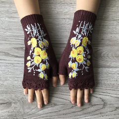 Hand Crochet Gloves Small Yellow Flower Embroidered Winter Warm Ladies Half
