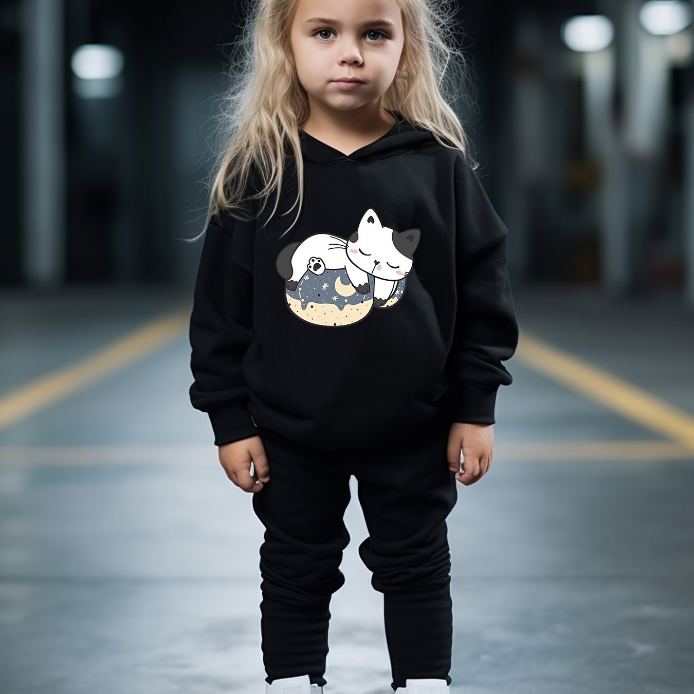 OERYUI 2pcs Sleepy Kitty Hoodies Pants Set For Kids Spring Fall