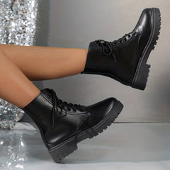 Women's Chunky Combat Boots Lace Up Faux Leather Boots