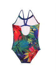 Girls Tropical Leaf Parrot Swimsuit Beachwear Round Neck