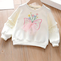Girls Flowers Graphic Sweatshirt with Tulle, Long Sleeve Top Pullovers