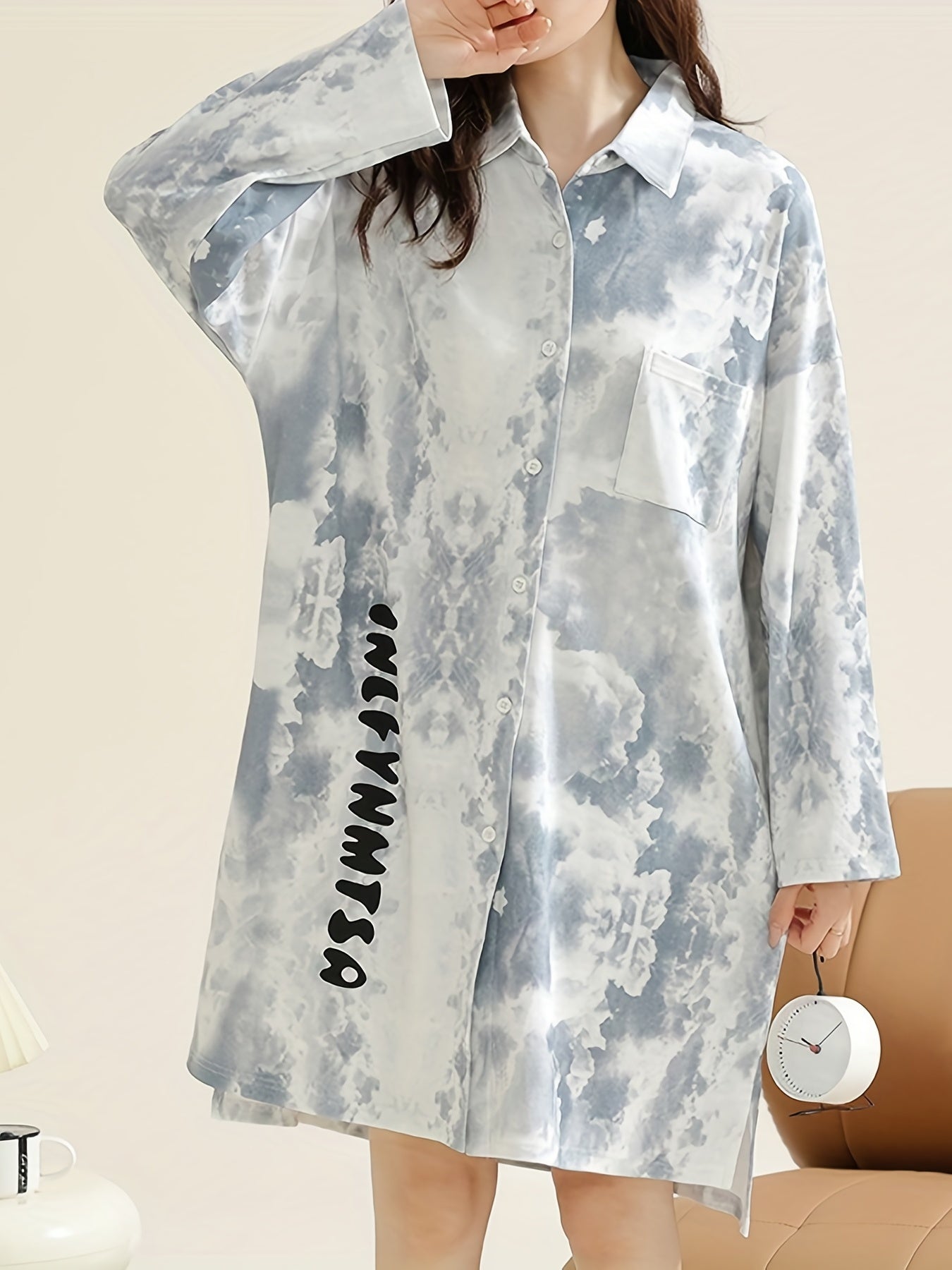 Button-Down V-Neck Nightgown Long Sleeve
