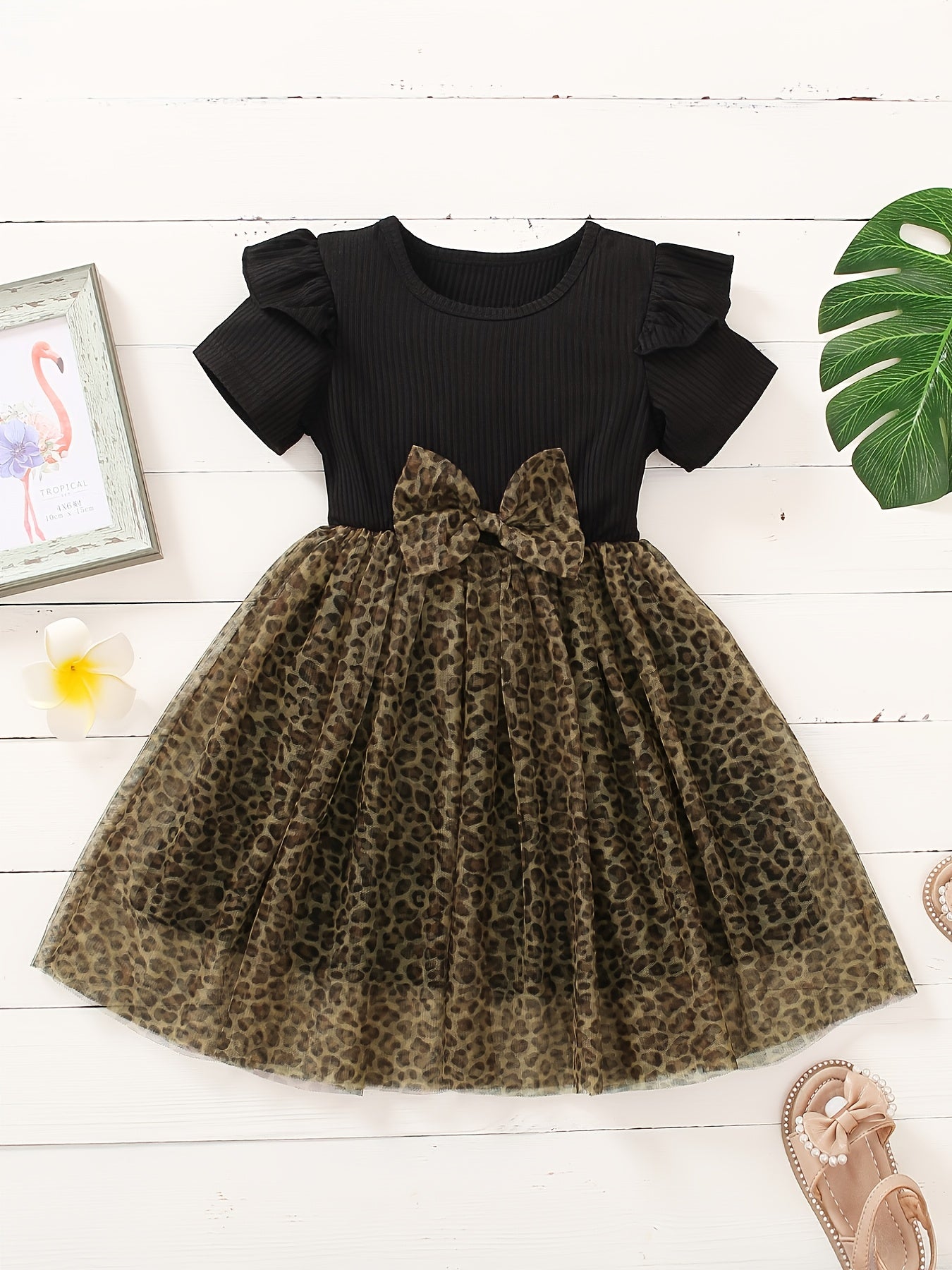 Toddler Girls Short Sleeve Leopard Tulle Princess Dress for Party