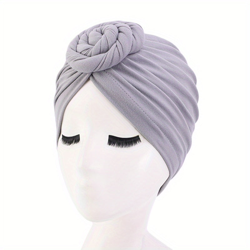 Braided Knot Pleated Turban Cap Solid Head Wrap Hijab Caps