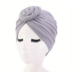 Braided Knot Pleated Turban Cap Solid Head Wrap Hijab Caps