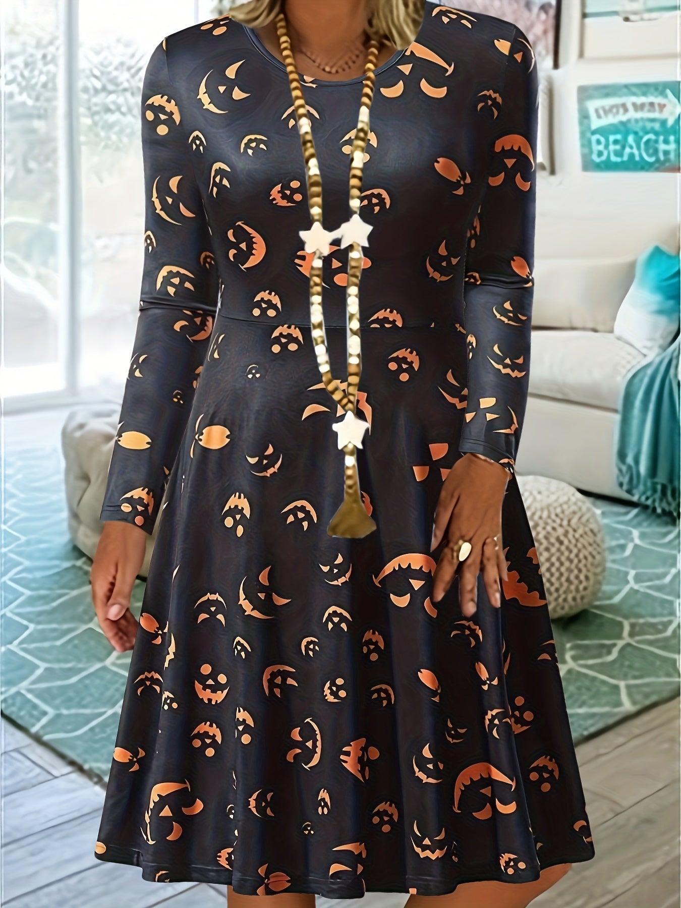 Women's Plus Allover Print Long Sleeve Round Neck A line Dress