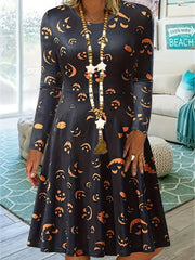 Women's Plus Allover Print Long Sleeve Round Neck A line Dress