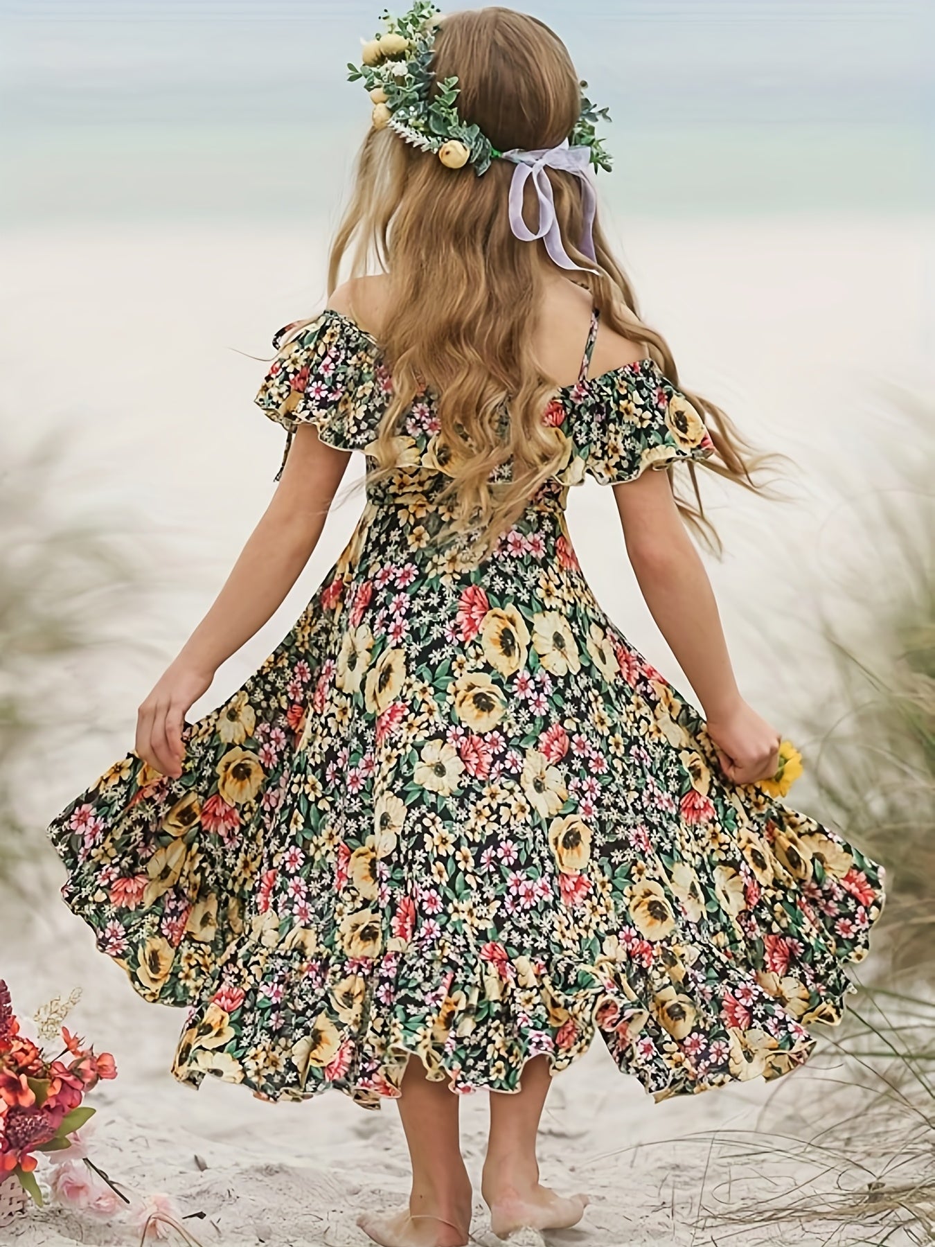 Girls Bohemian Floral Cold Shoulder Ruffle Summer Dress