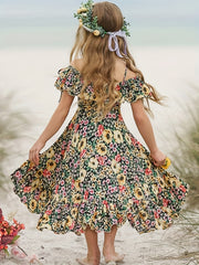 Girls Bohemian Floral Cold Shoulder Ruffle Summer Dress