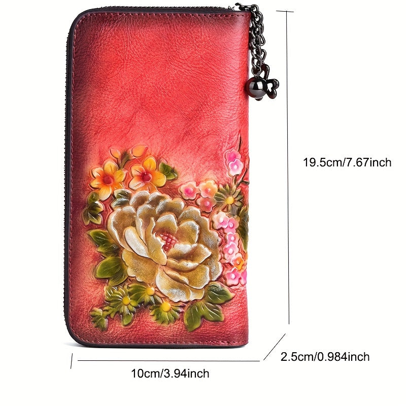 Floral Embossed Leather Wristlet Wallet for Women Zippered Clutch