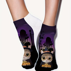 4 Pairs 3D Cat Print Socks Comfy & Halloween Low Cut Socks
