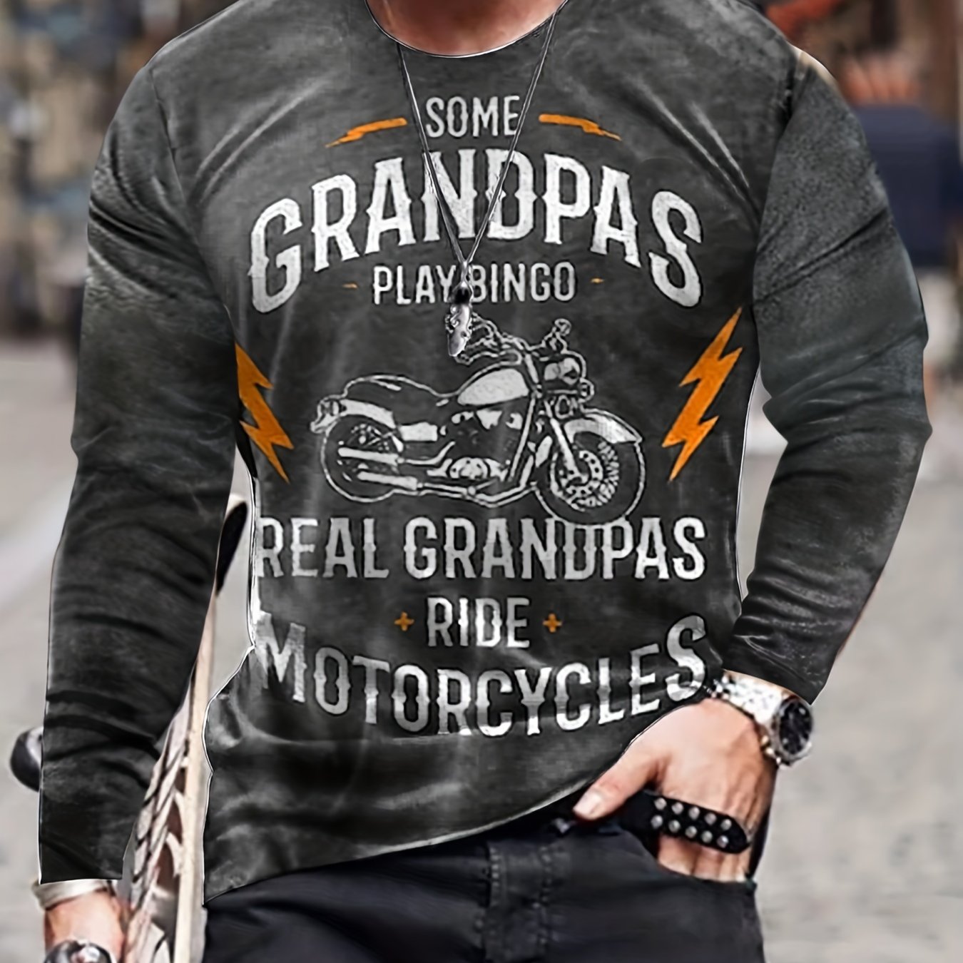 Motorcycle Print Men's Long Sleeve Vintage T shirt For Autumn
