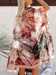 Floral Print Kimono Sleeve Cover Up Loose Open Front Cardigan Beachwear