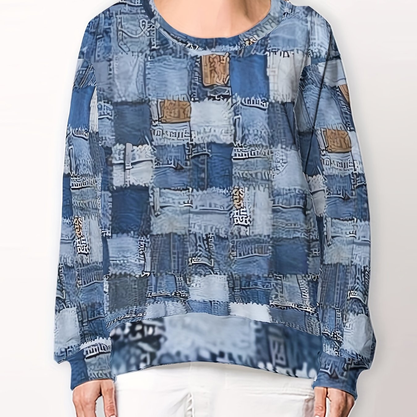 Patchwork Print Crew Neck Sweatshirt for Women