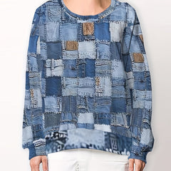 Patchwork Print Crew Neck Sweatshirt for Women