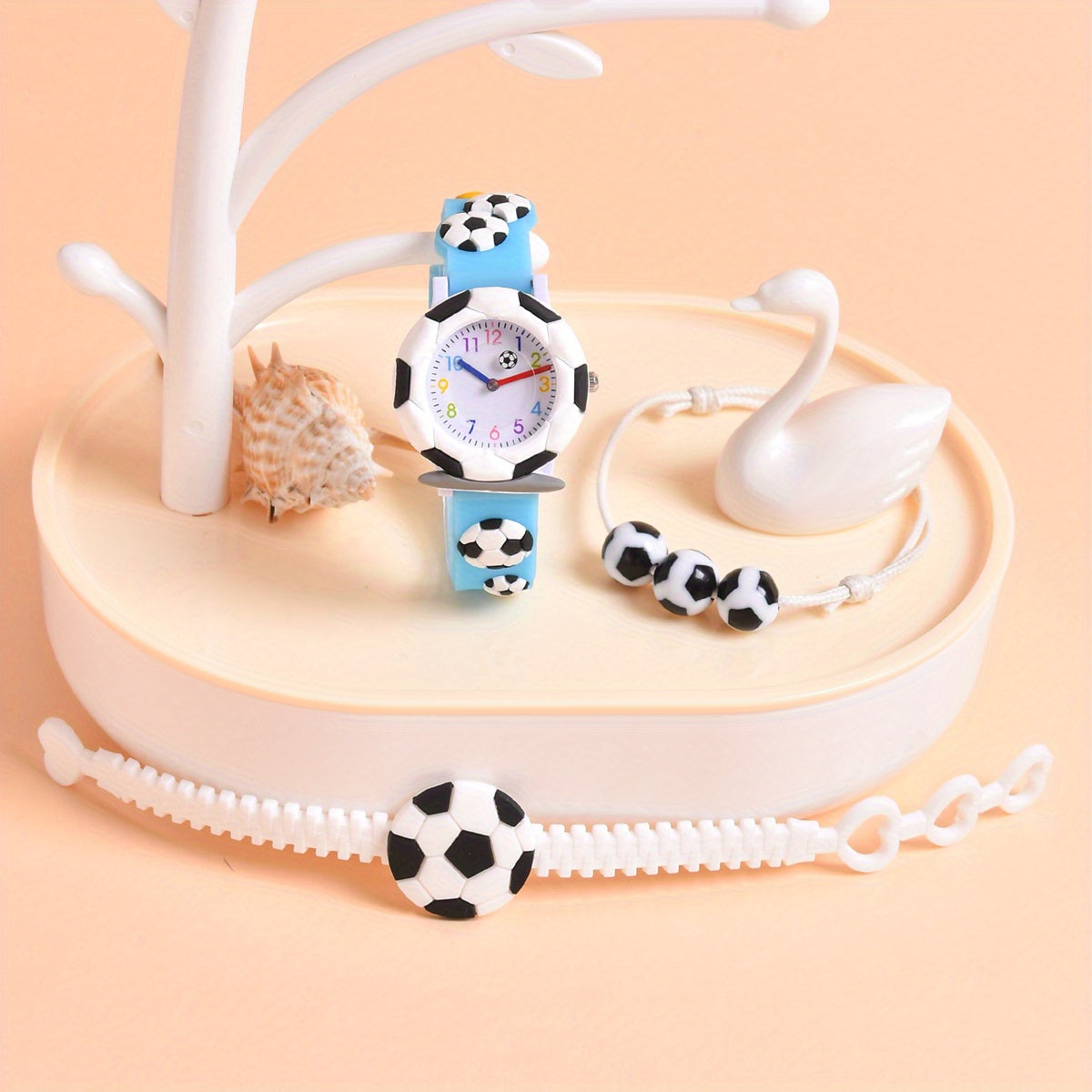 3pc Set 3D Cartoon Football Silicone Strap Boys' Quartz Watch