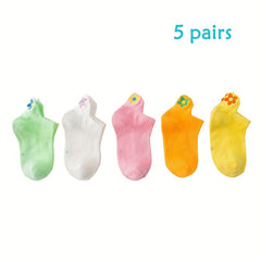 5 Pairs Girls Kids Flower Embroidered Ankle Socks for Spring Summer, Ages 1-11