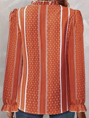 Stripe & Dot Print Flounce Sleeve Ruffle Trim Blouse