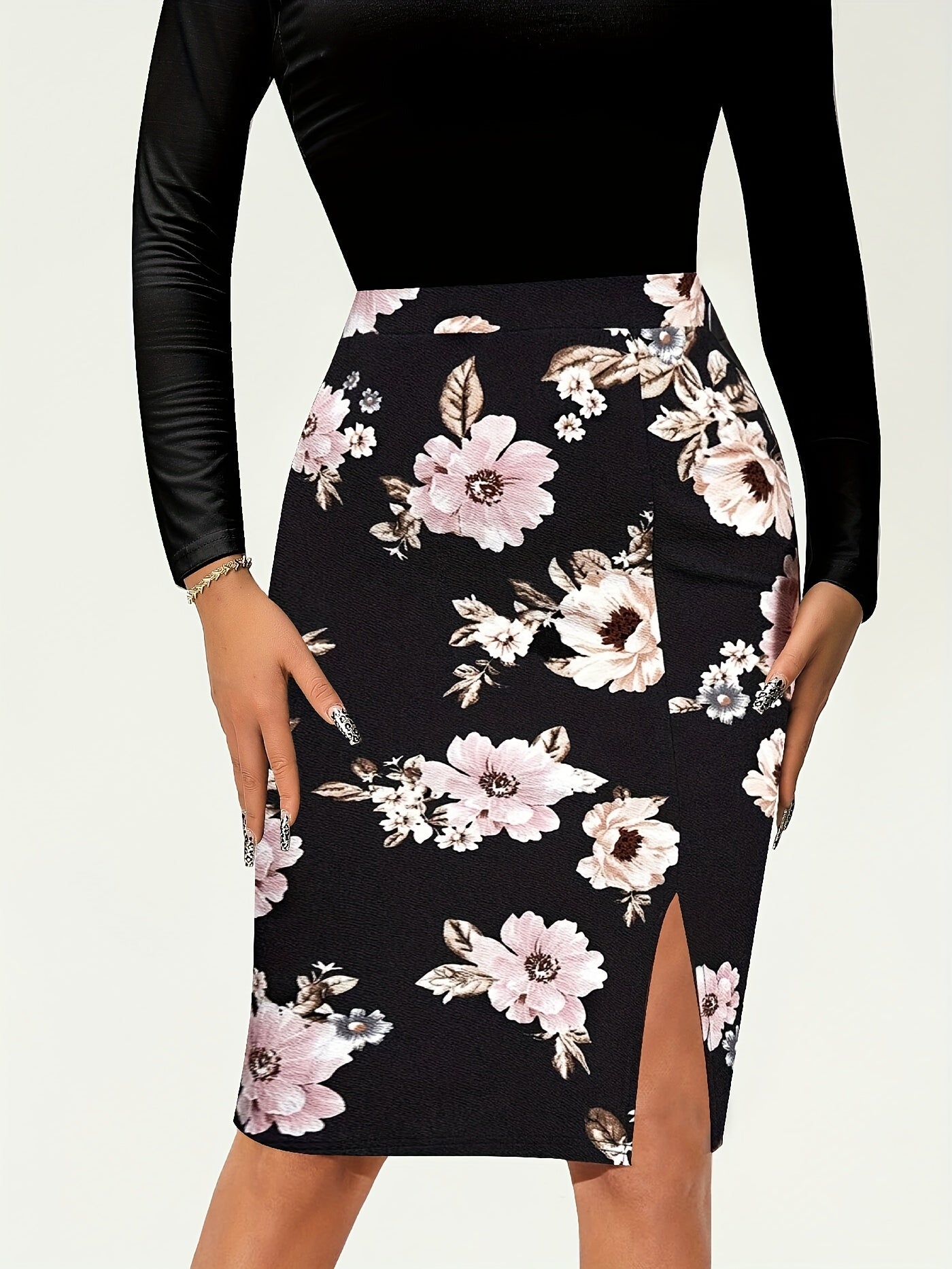 Floral Print High Waist Slit Skirt for Women