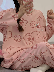 Bear Print Pajama Set Long Sleeve Crew Neck Women's Sleepwear