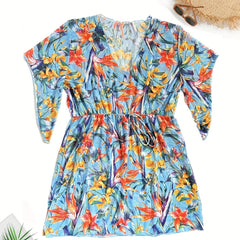 Tropical Print Cover Up Drawstring V Neck