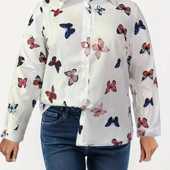 Butterfly Print Button Up Long Sleeve Blouse
