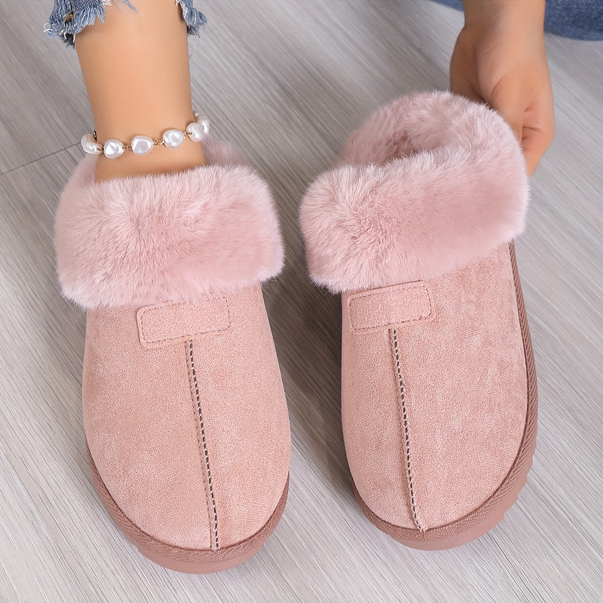 Women's Fuzzy Trim Snow Boots Slip on Comfortable Slippers