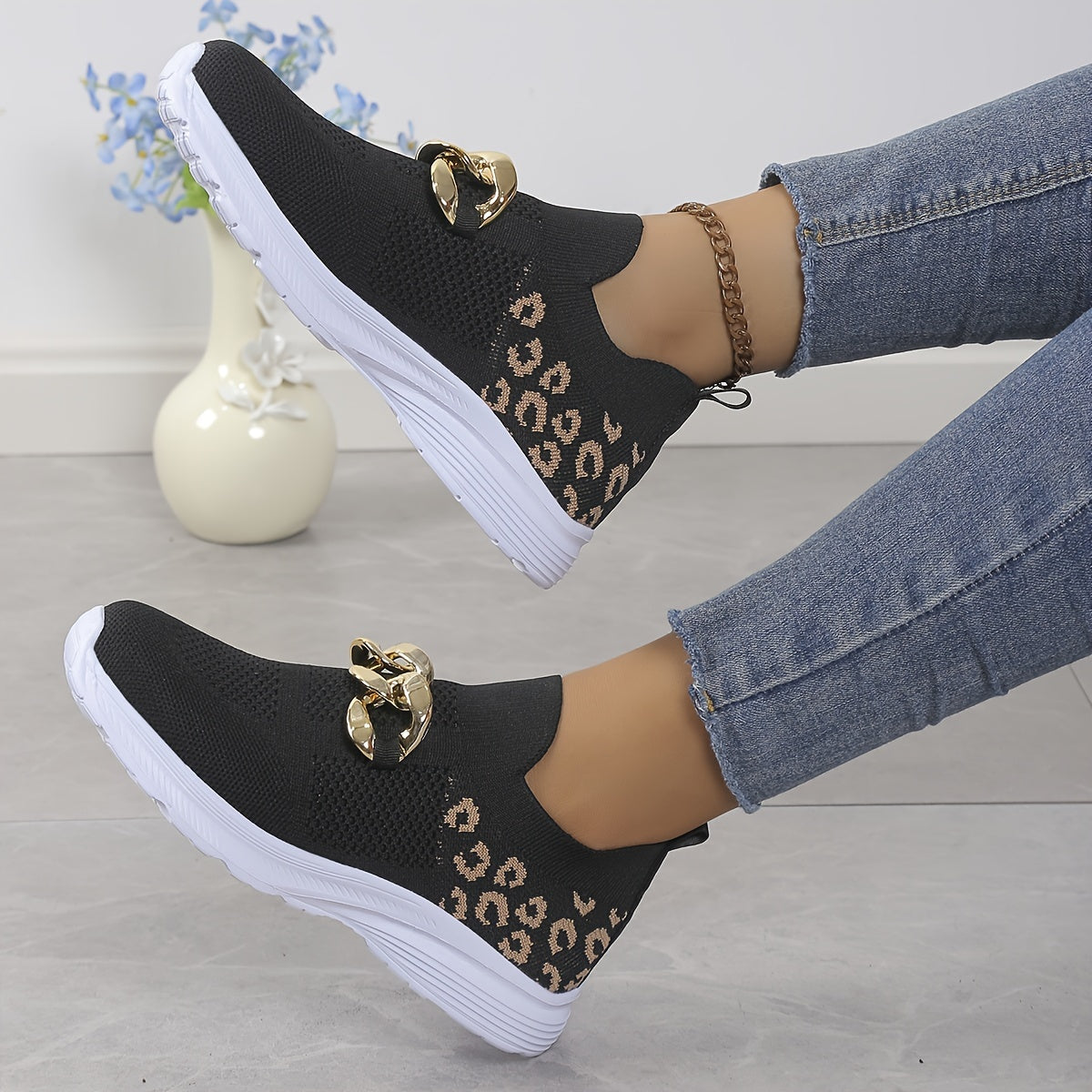 Leopard Pattern Mesh Tennis Sports Shoes Lightweight Non Slip
