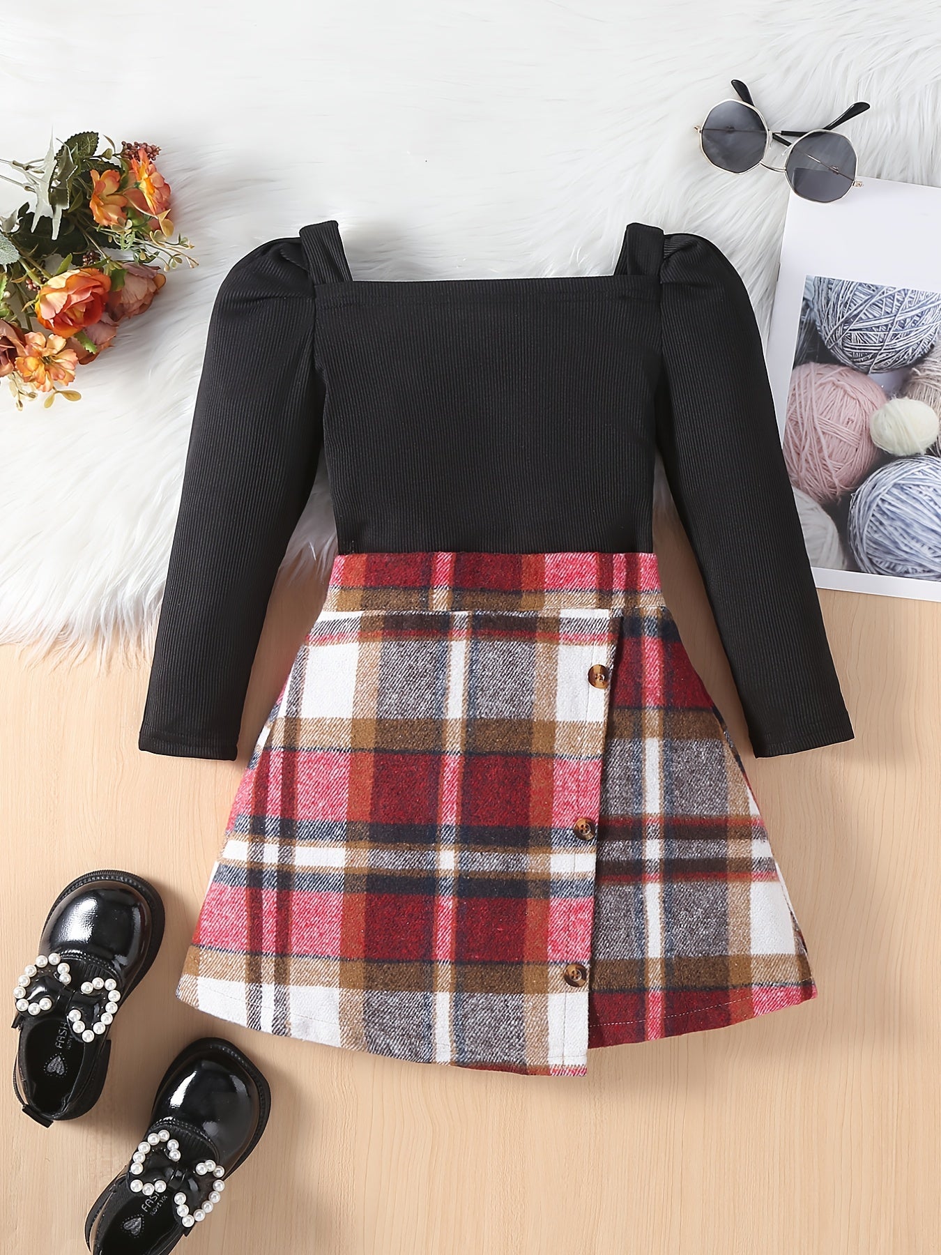 Girls Square Neck Top & Red Plaid Skirt Set Spring Fall