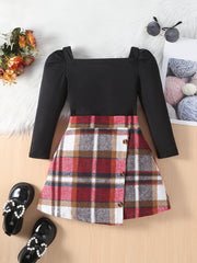 Girls Square Neck Top & Red Plaid Skirt Set Spring Fall