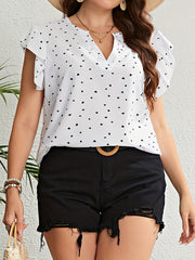 Heart Print V Neck Blouse Ruffle Sleeve Casual Blouse