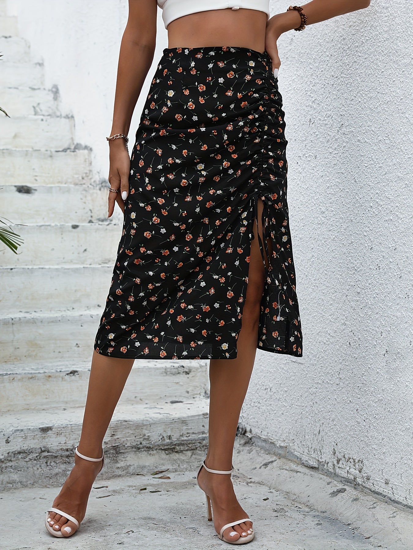 Floral Print Ruched Drawstring Skirt for Spring & Summer