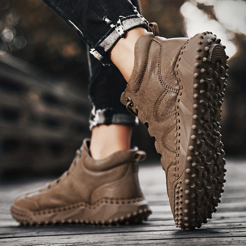 Men's Lace up Boots Casual PU Leather Walking Shoes Easy To Clean