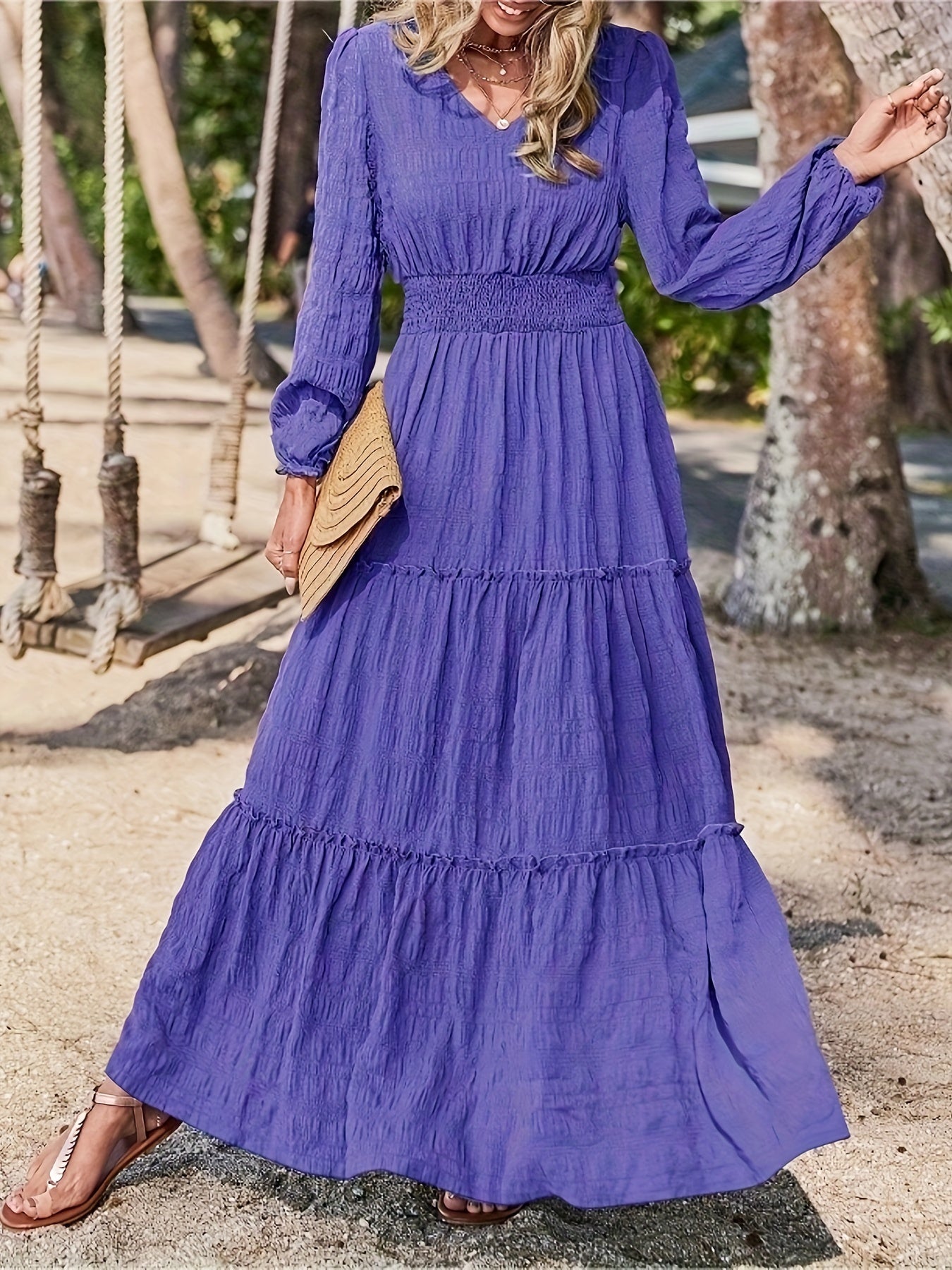 Solid Textured Nipped Waist Lantern Sleeve Maxi Dress