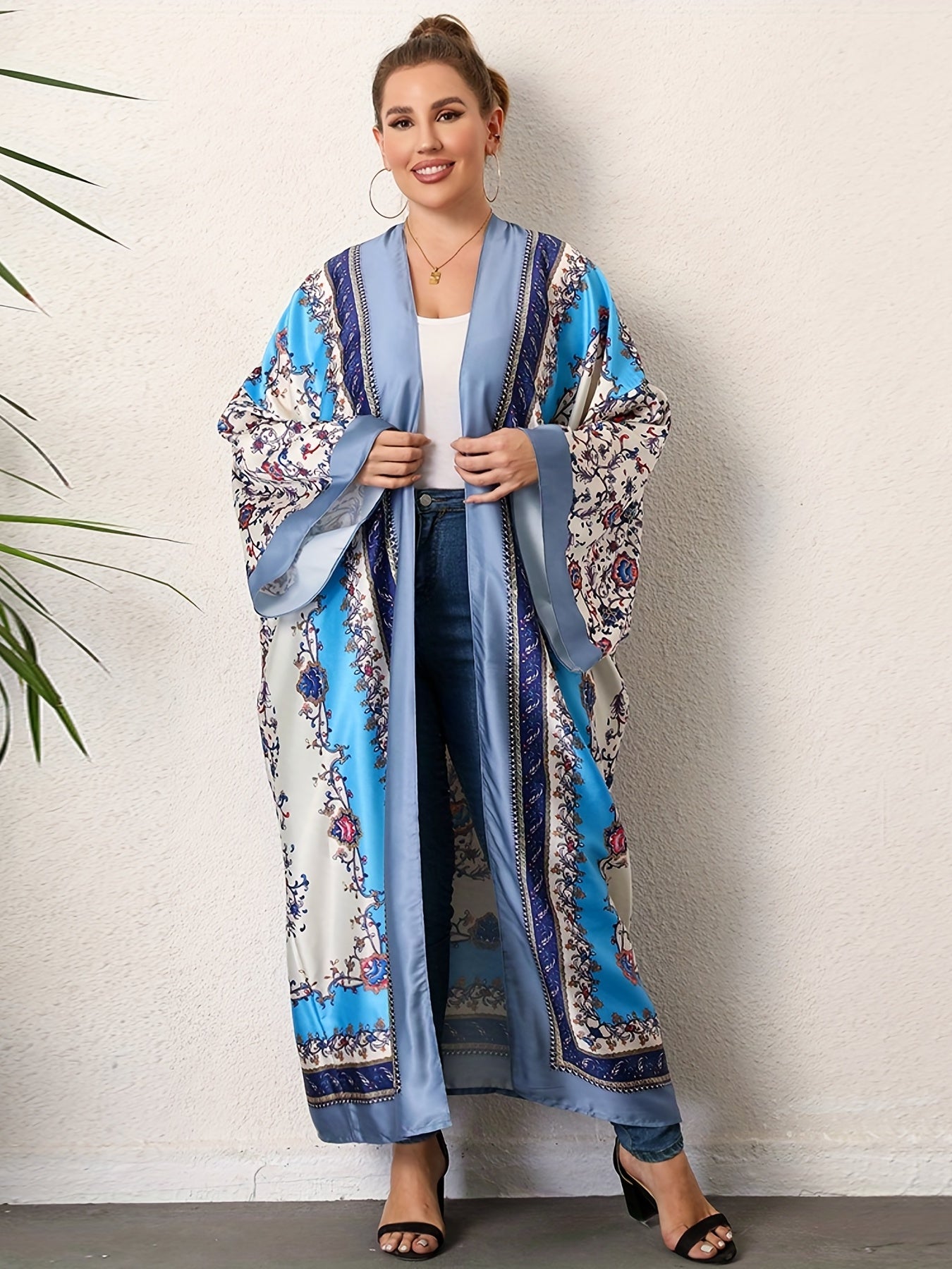 Boho Kimono Scarf Print Long Sleeve Maxi Kimono Cover Up