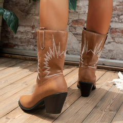 Women's Retro Western Embroidery Cowboy Boots Chunky Low Heeled Mid Calf Boots